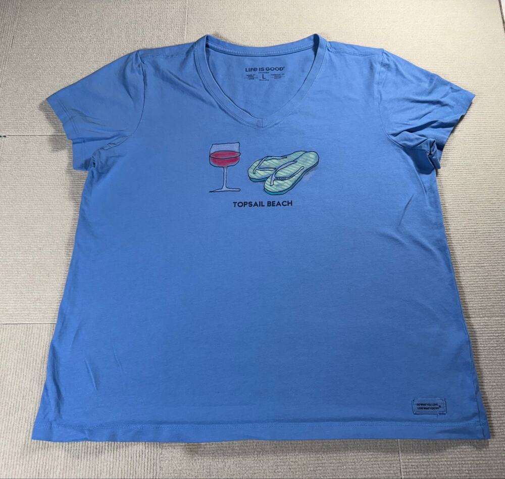 Life is Good Women's Large Crusher Tee Blue Relaxation Vacation "Topsail Beach"